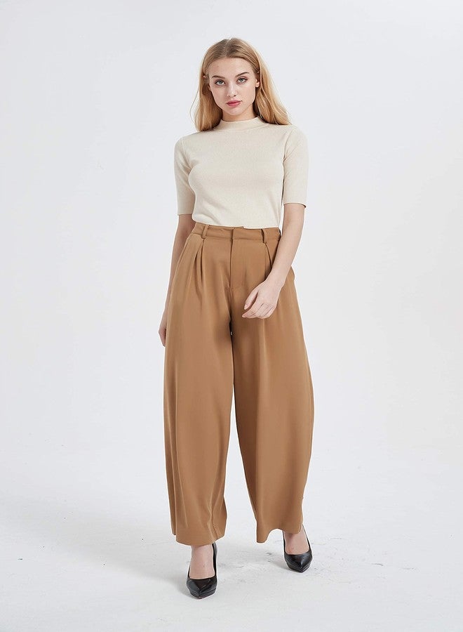 Tronjori Women High Waist Casual Wide Leg Long Palazzo Pants Trousers Regular Size(M, Camel) - Image 4